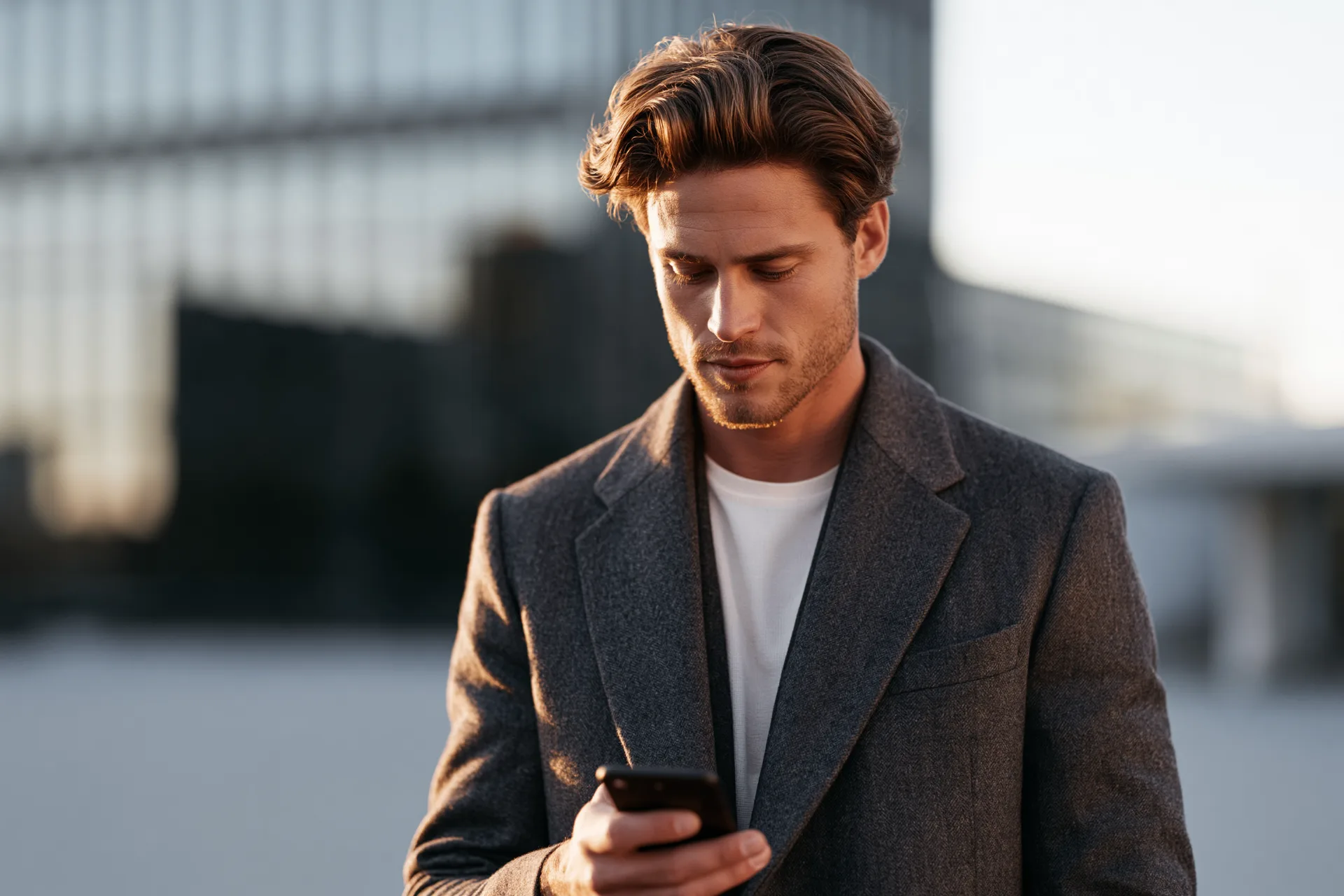 Junger Mann konzentriert auf sein Smartphone